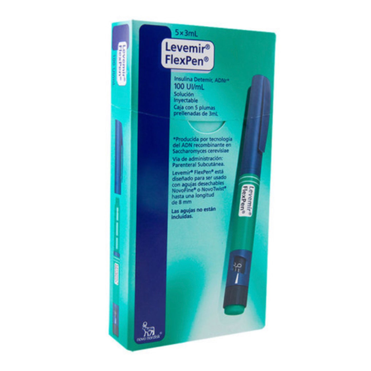 Caja con 5 plumas prellenadas de 3 mL FlexPen®, insulina Detemir, ADNr*, marca Levemir®, 5 x 3 mL, 100 UI / mL