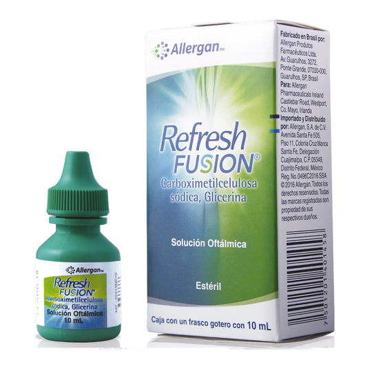 REFRESH FUSION® caja con frasco gotero con 10 ml. Carmelosa de sodio y Glicerol.