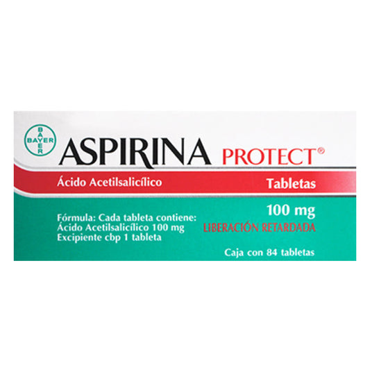 Aspirina Protect 100 mg, caja con 84 tabletas.