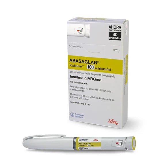 Caja con 5 plumas precargadas KwikPen® con 3 mL, insulina glargina, marca Abasaglar®, 100 U / ml