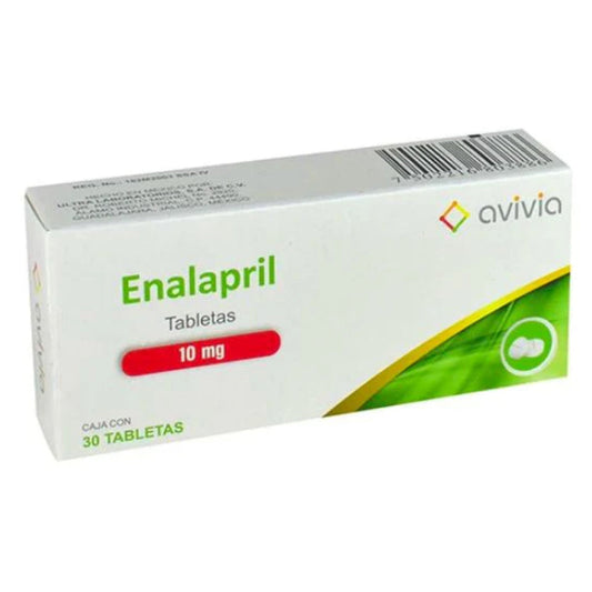 Enalapril 10 mg, caja con 30 tabletas. Marca Avivia.