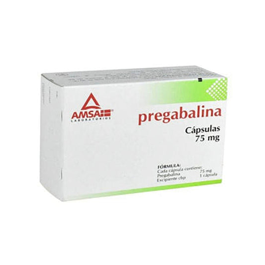 Pregabalina 75 mg, caja con 28 capsulas.AMSA