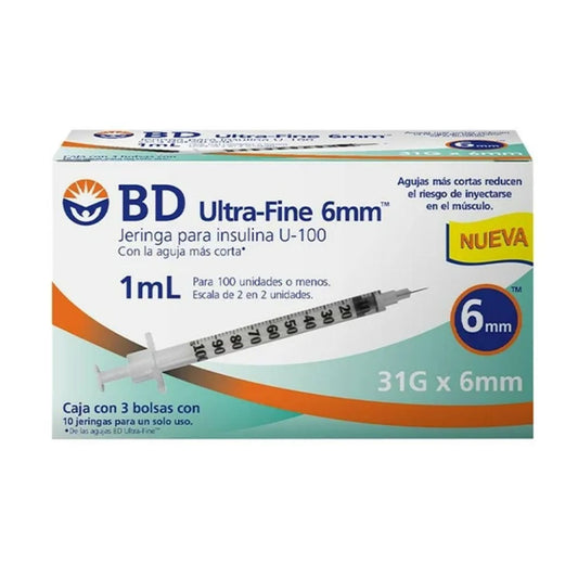 Jeringas para insulina BD Ultrafine 6 mm U-100, 1 ml. Caja con 30 piezas. 31X6mm
