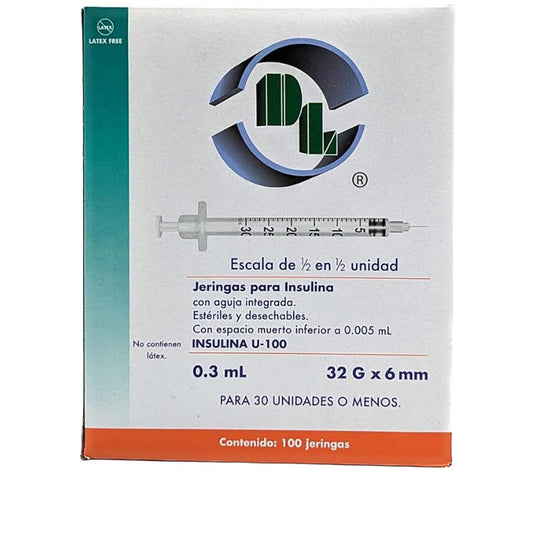 Caja de 100 jeringas para insulina con aguja integrada, 0.3 ml 32G x 6 mm.