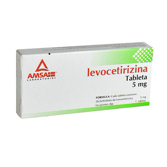 Levocetirizina 5 mg, caja con 10 tabletas.