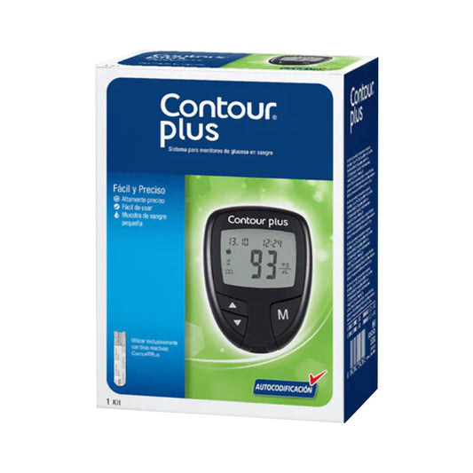 Contour Plus Glucometro 1 Kit, incluye 5 tiras, 5 lancetas, puncionador y funda.