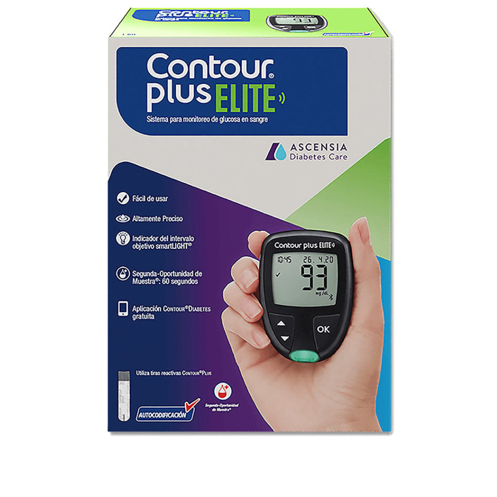 Contour Plus Elite glucometro, 1 Kit, 5 tiras, 5 lancetas, puncionador y funda.
