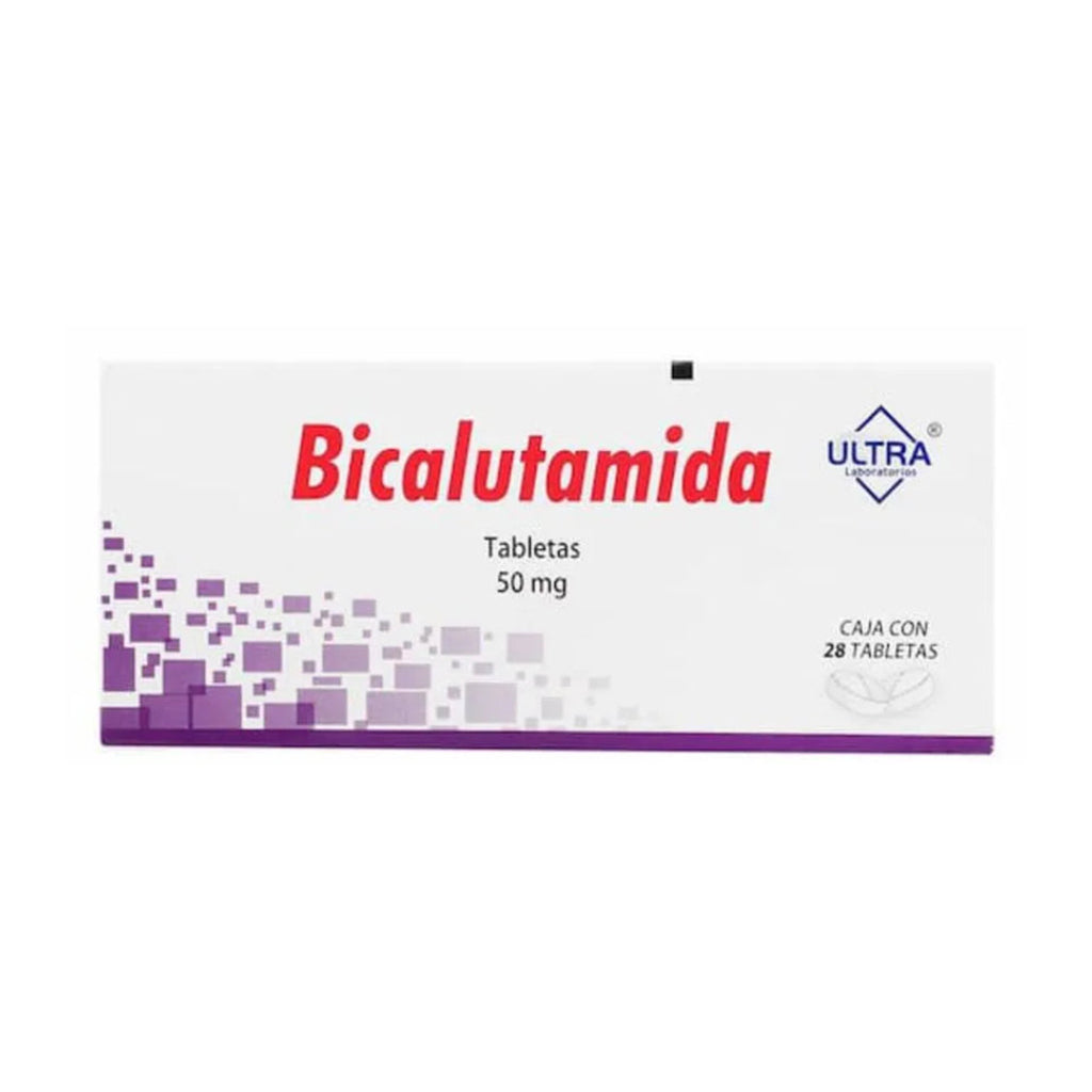 Bicalutamida 50 mg, caja con 28 tabletas.