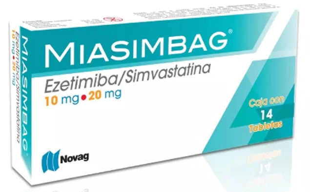 Miazimbag Ezetimiba/Simvastatina 10/20 mg caja con 14 tabletas.