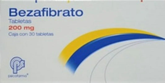 Bezafibrato 200 mg, caja con 30 tabletas.