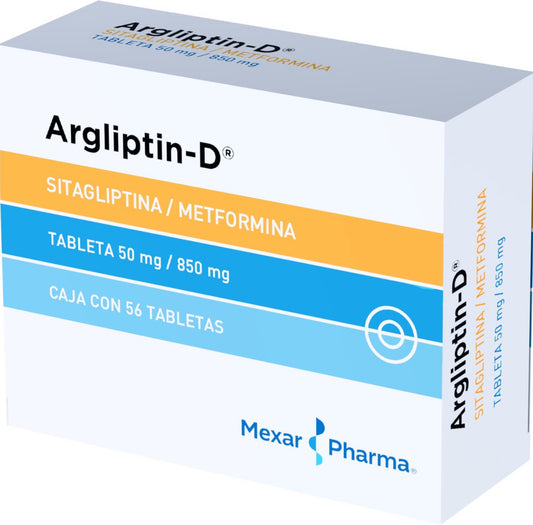 Sitagliptina, Metformina 50/850 mg, caja con 56 tabletas.
