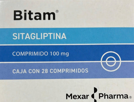 Sitagliptina 100 mg, caja con 28 comprimidos.