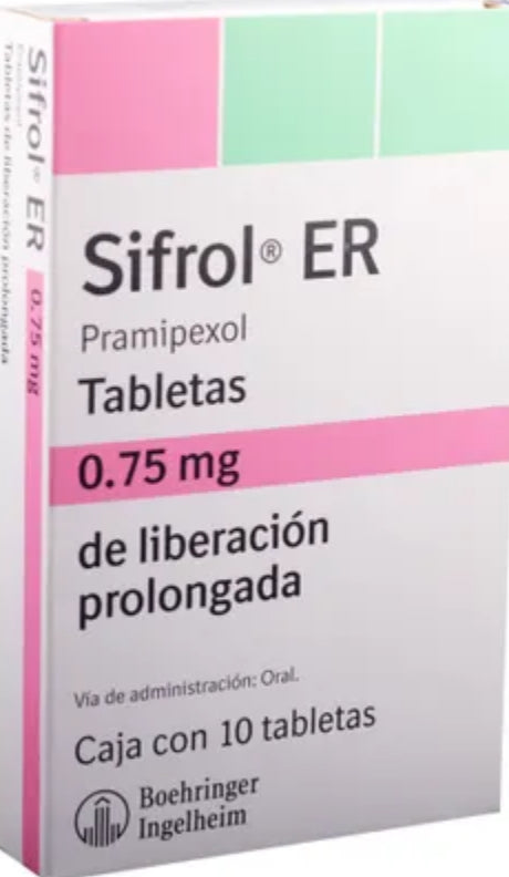 Sifrol ER 0.75 caja con 10 tabletas.