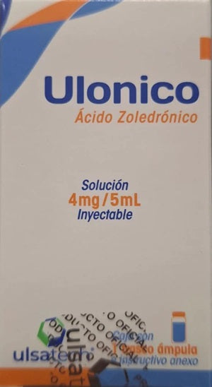 Ácido Zoledronico 4 mg/5ml, sol inyectable, caja con un frasco ampula.
