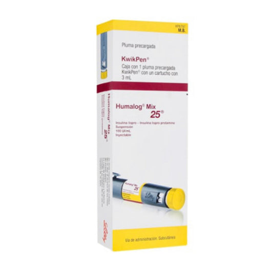 Insulina lispro protamina, marca Humalog® Mix 25®, 100 UI / mL, caja con 5 plumas precargadas con 3 mL