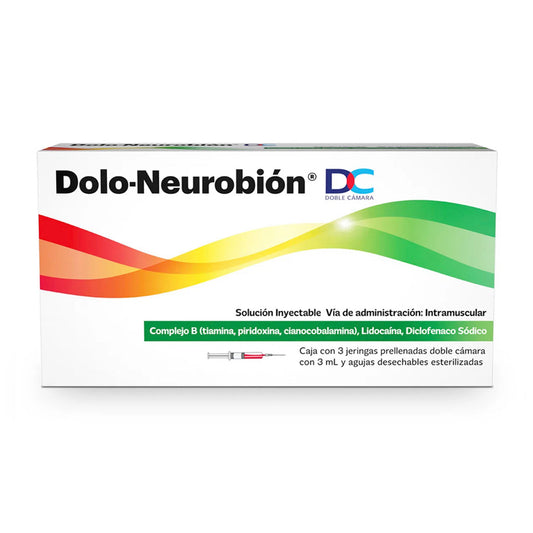 Complejo B (tiamina, piridoxina, cianocobalamina), Lidocaína, Diclofenaco Sódico, marca Dolo-Neurobión®, 3 jeringas prellenadas con 3 mL