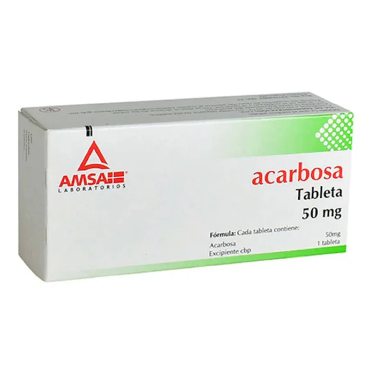 Acarbosa 50 mg, caja con 30 tabletas.