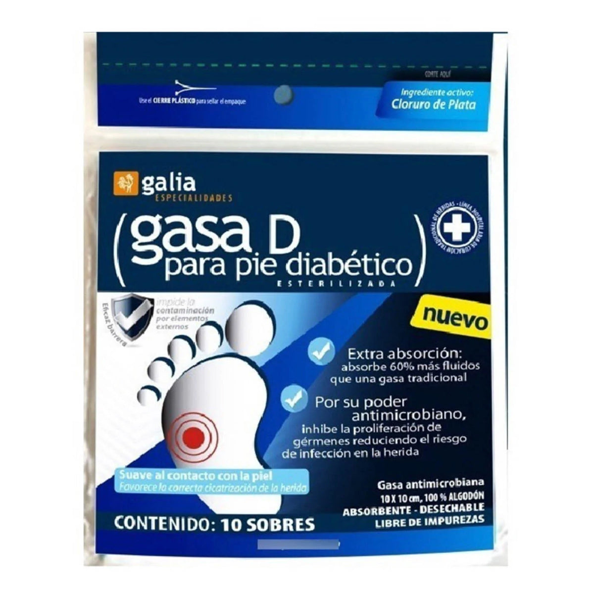 Gasa D para pie diabético esterilizada, 10 x 10 cm, 10 sobres