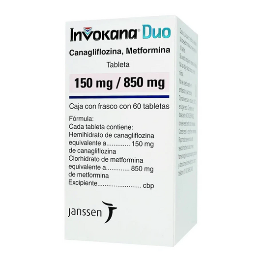 Invokana Dúo 150/850 mg, caja con frasco con 60 tabletas.