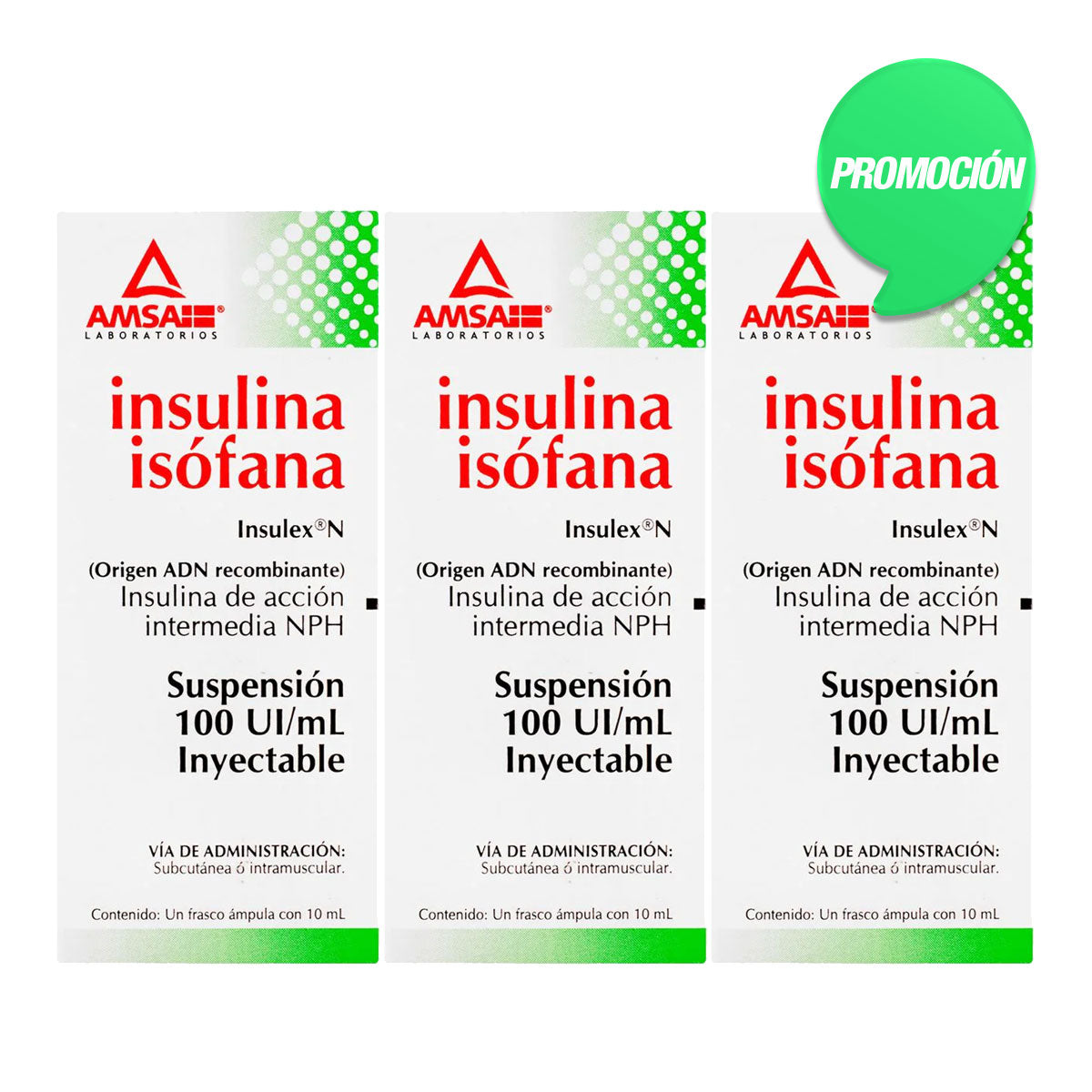 Promoción: 3 frascos de Insulina Isofana NPH 100UI/ml, solución inyectable, marca AMSA, frasco ámpula 10 ml.