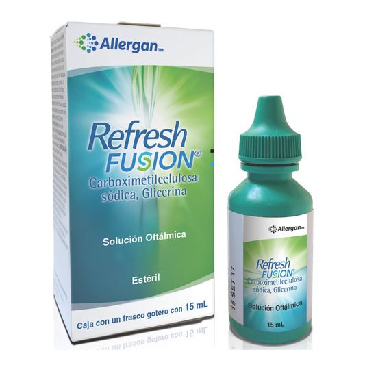 REFRESH FUSION® caja con frasco gotero con 15 ml. Carmelosa de sodio y Glicerol.