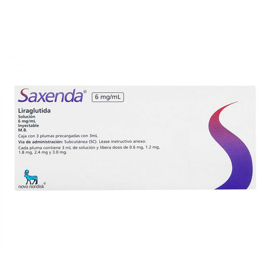 Saxenda® 6mg/ml caja con 3 plumas precargadas con 3 mL, marca, Liraglutida.