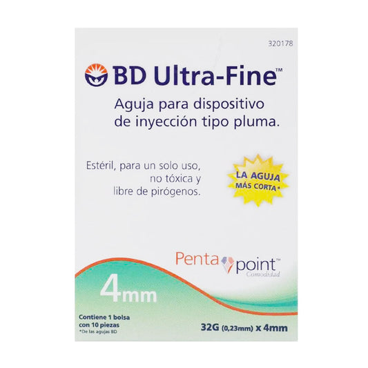 Agujas para dispositivo de inyección tipo pluma, marca BD Ultra-Fine™, 4 mm, 10 piezas
