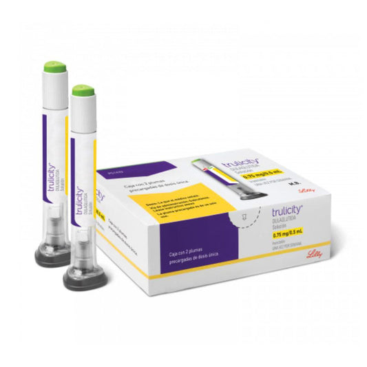 Caja con 2 plumas precargadas de dosis única, marca Trulicity®, dulaglutida, 0.75 mg / 0.5 mL