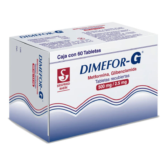 Dimefor G 500/2.5 mg, caja con 60 tabletas.