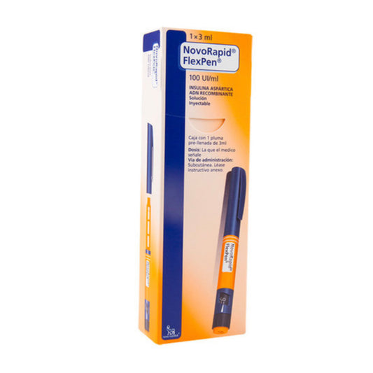 Caja con 1 pluma prellenada de 3 mL FlexPen®, insulina aspártica, marca NovoRapid®, 1 x 3 ml, 100 UI / ml