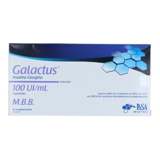 Galactus Solucion Inyectable 5 piezas, cartuchos, Insulina Glargina 3.64 mg.