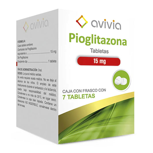 Pioglitazona 15 mg, caja con 7 tabletas.