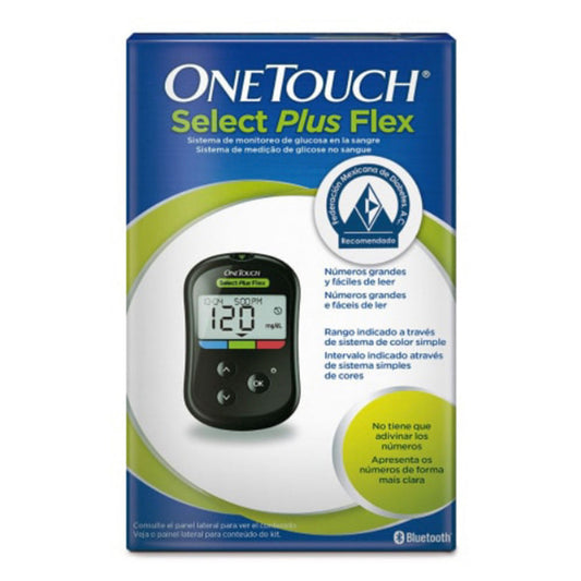 Paquete: Glucómetro, marca OneTouch® Select Plus Flex + dispositivo de punción, marca OneTouch Delica Plus