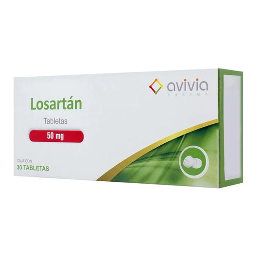 Losartan 50 mg, caja con 30 tabletas.