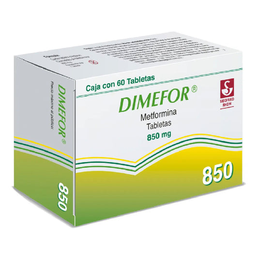 Dimefor 850 mg,  caja con 60 tabletas .