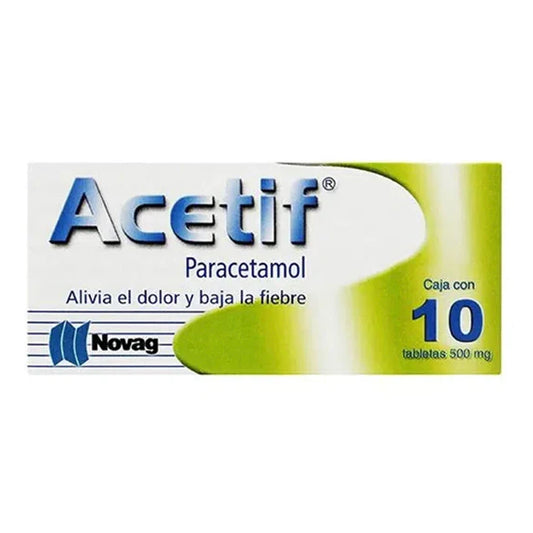 Paracetamol 500 mg, marca Acetif, caja con 10 Tabletas.