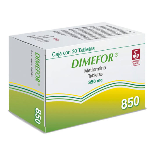 Dimefor 850 mg,  caja con 30 tabletas .