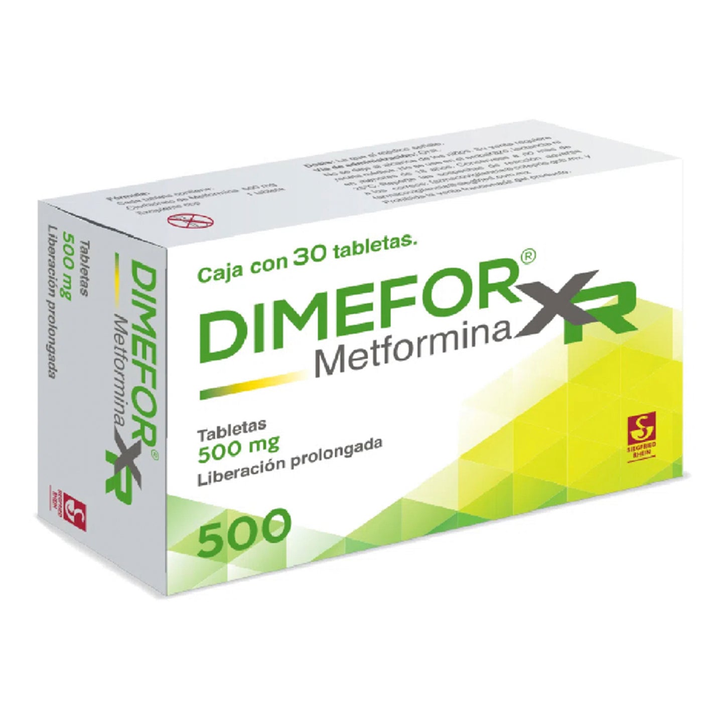Dimefor 500 mg,  caja con 30 tabletas .