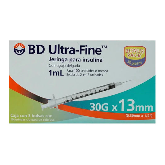 Jeringas desechables Ultra Fine, Insulina 1 ml, 30G x 13 Mm, caja con 30 piezas.