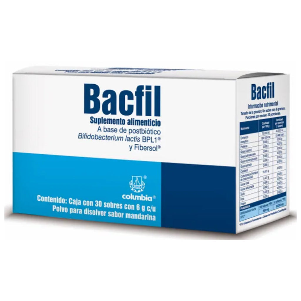 Bacfil Suplemento Alimenticio,caja con 30 sobres sabor mandarina.