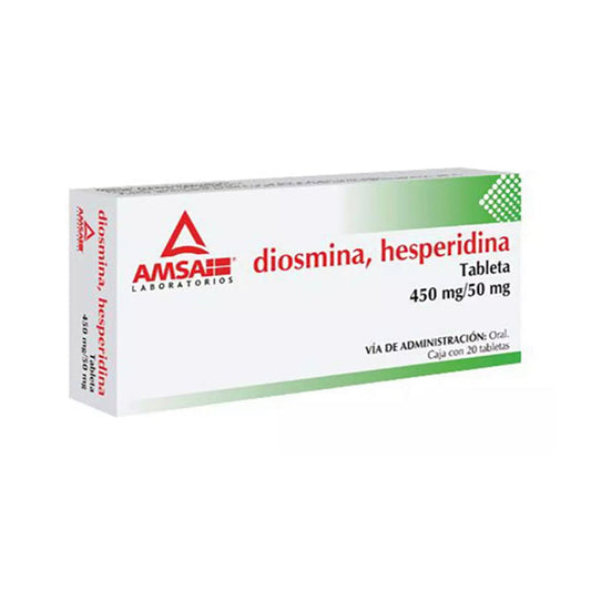 Diosmina, Esperidina, 450/50 mg, caja con 20 tabletas. Amsa.