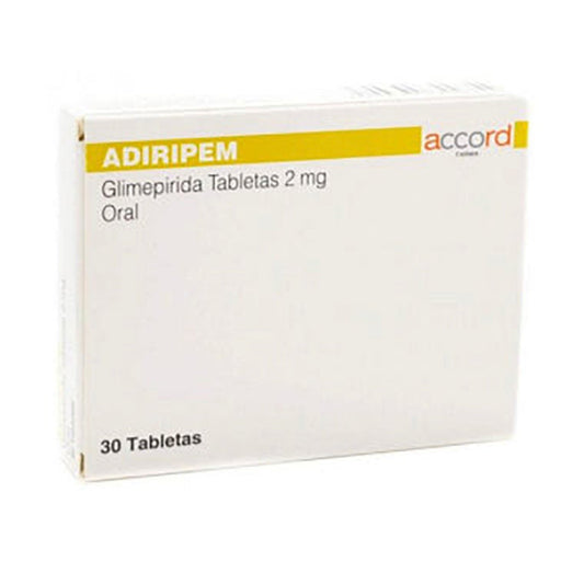 Adiripem 2 mg, Caja con 30 tabletas. Glimepirida.