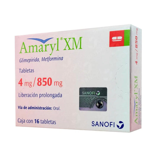 Amaryl XM 4/850 mg, caja con 16 tabletas.