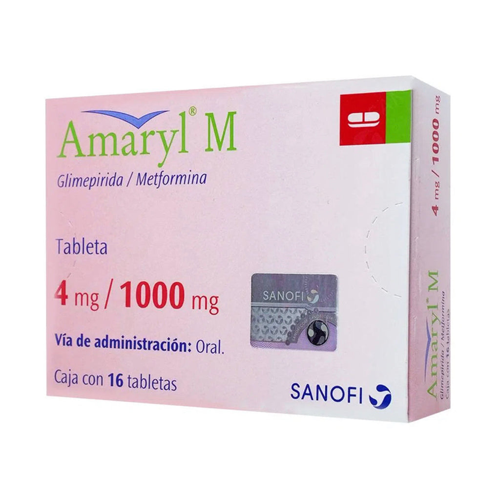 Amaryl M 4/1000 mg, caja con 16 tabletas.