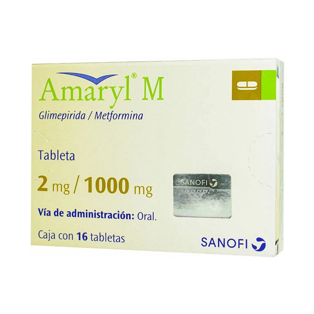 Amaryl M 2/1000 mg, caja con 16 tabletas.