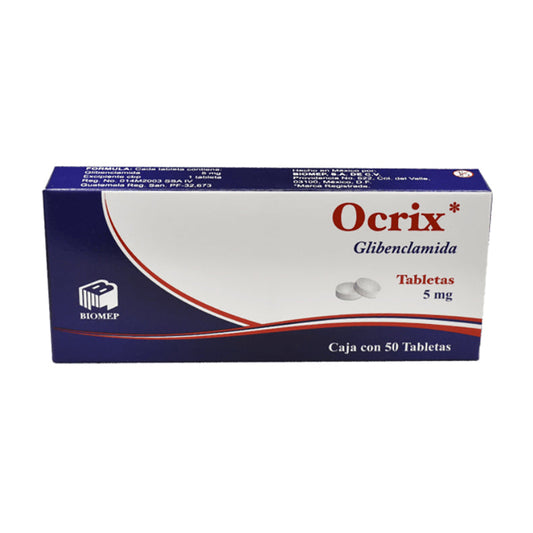 Ocrix, Glibenclamida 5 mg, caja con 50 tabletas.