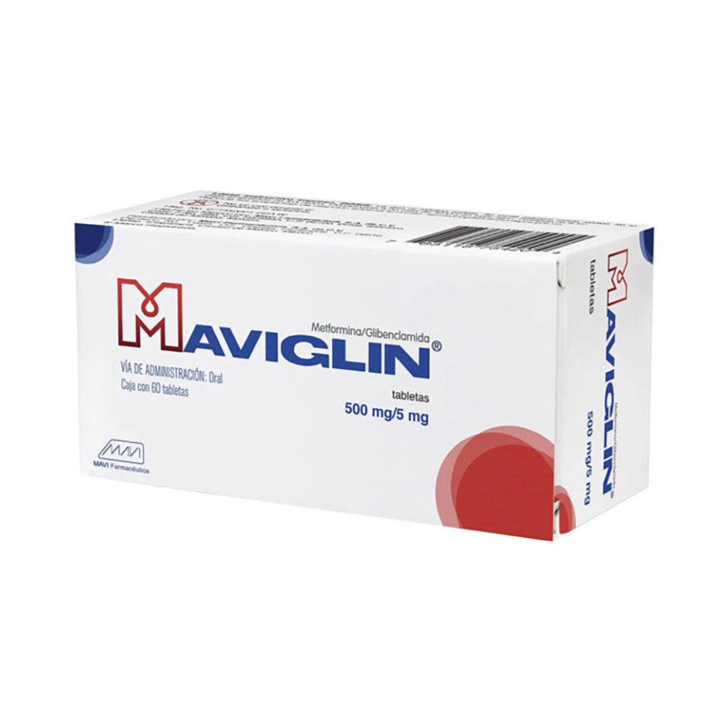 Tabletas Maviglin 500/5 mg, caja con 60 tabletas.