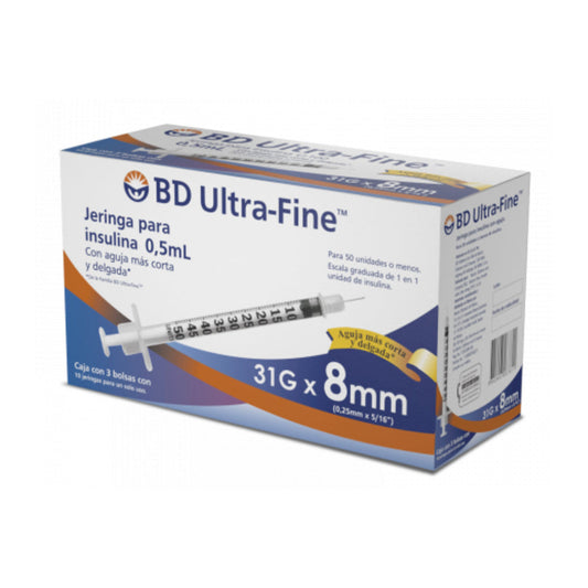 Jeringas desechables para insulina BD Ultra Fine 31 G X 8 mm , 30 piezas de .5 ml.