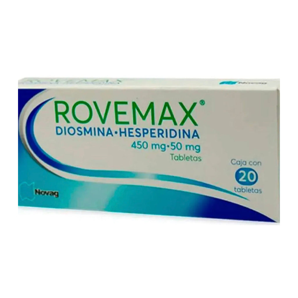 Rovemax, Diosmina/ Hesperidina 450/50 mg, caja con 20 tabletas.
