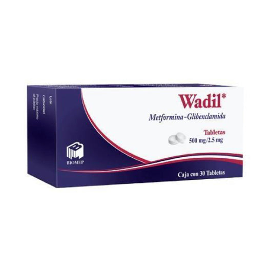 Metformina/Glibenclamida 500/5 mg, marca Wadil, caja con 30 tabletas.